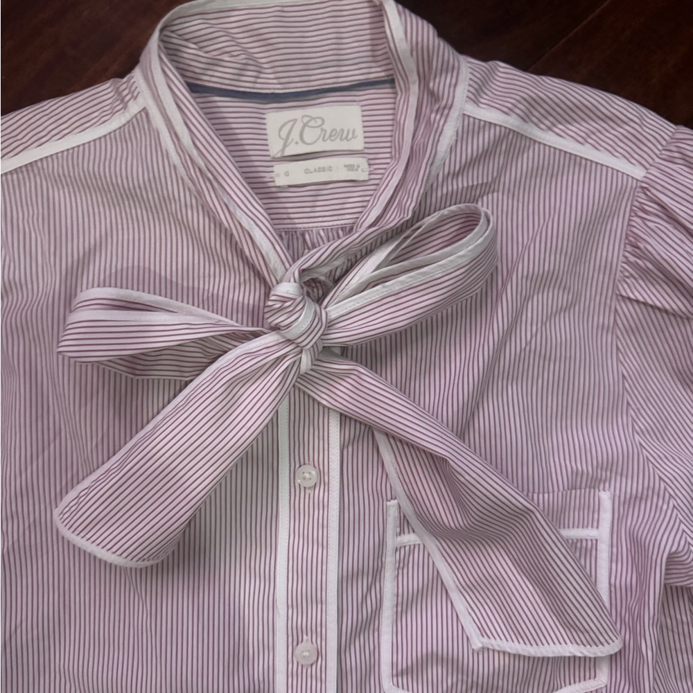 J. Crew Striped Tie Neck Poplin Pink and White Shirt - Picture 4 of 10